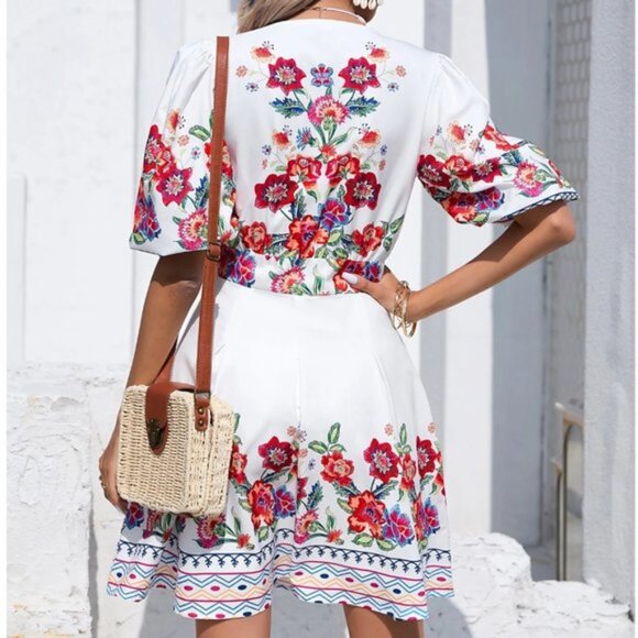 Boho Floral Print Puff Sleeve Dress Without Belt - Picture 3 of 5